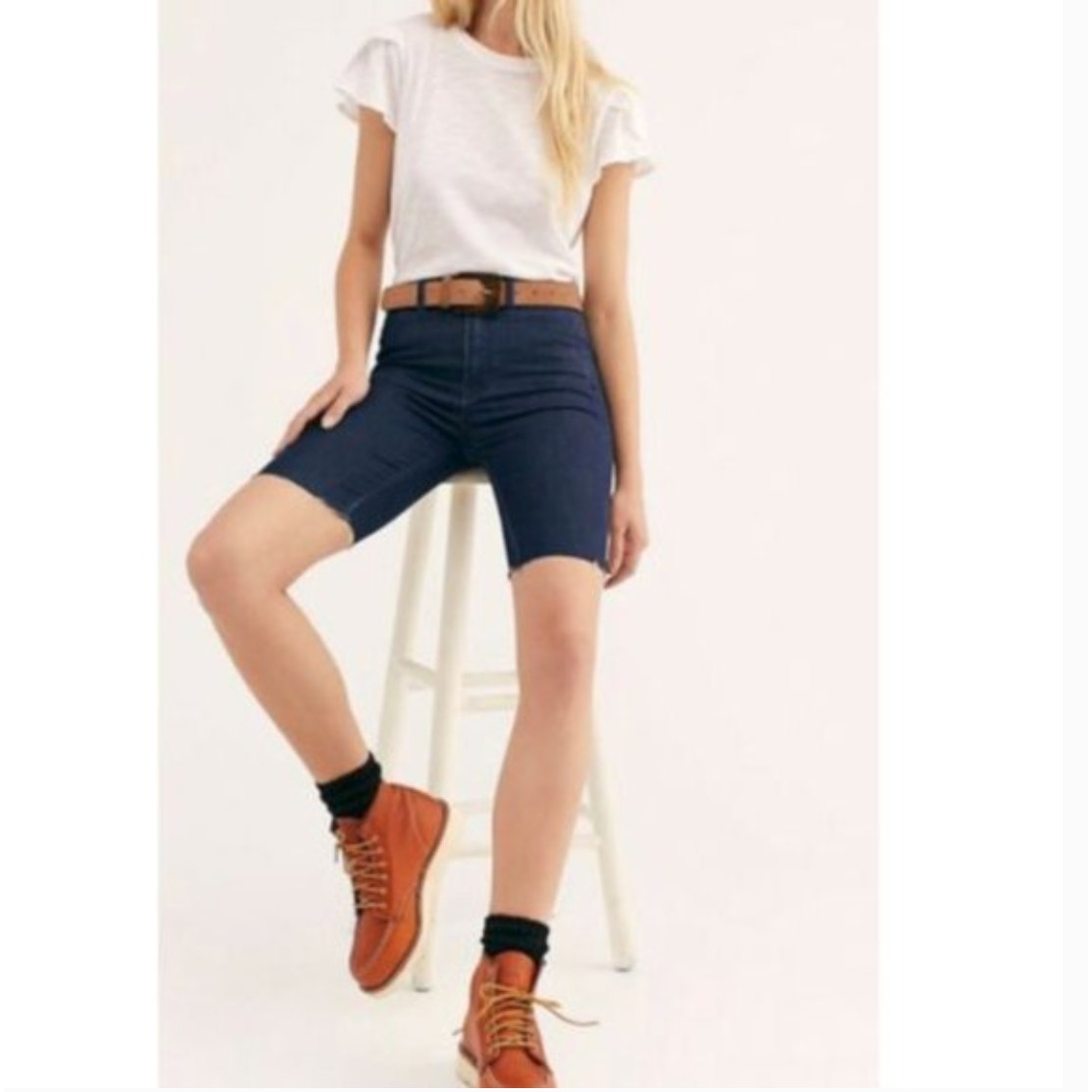 Free People So Chic Denim Biker Jean Shorts Dark Wash Size 24 Long Nwt $78